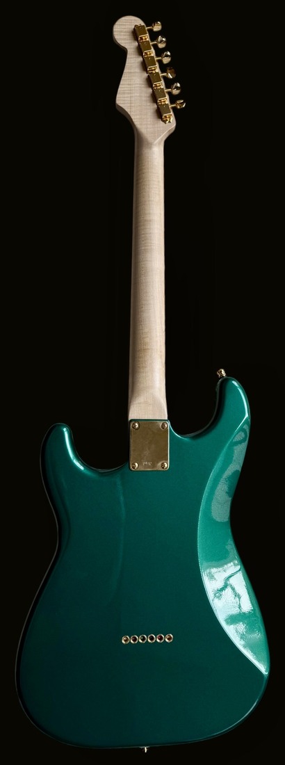 S-style in Sherwood Green — back, flame maple neck, gold neck plate