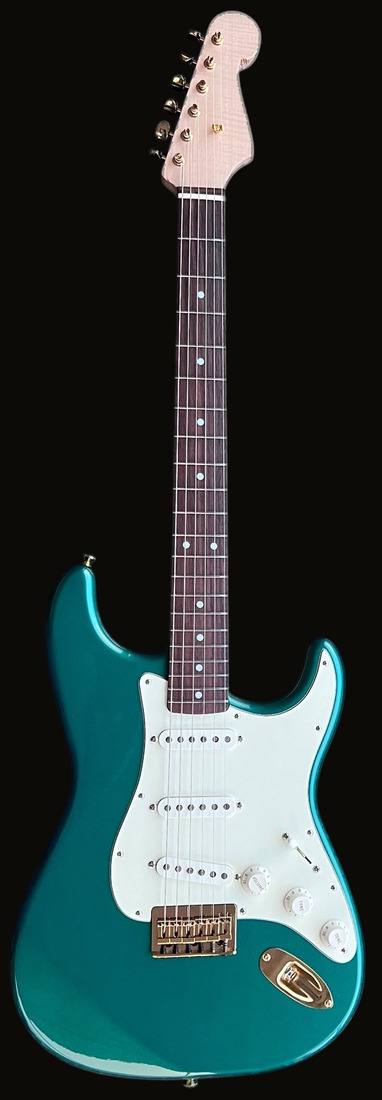 S-style in Sherwood Green, gold hardware, flame maple headstock — front