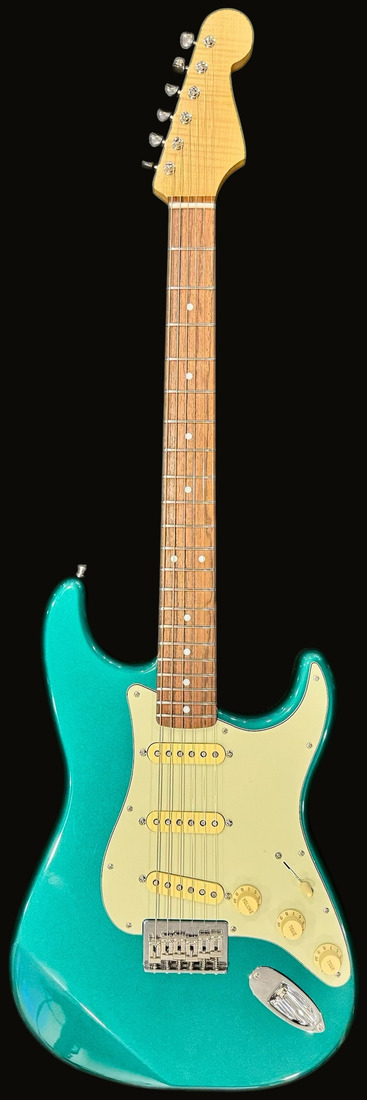 S-style in 1961 Sherwood Green, nickel hardware, flame maple headstock — front