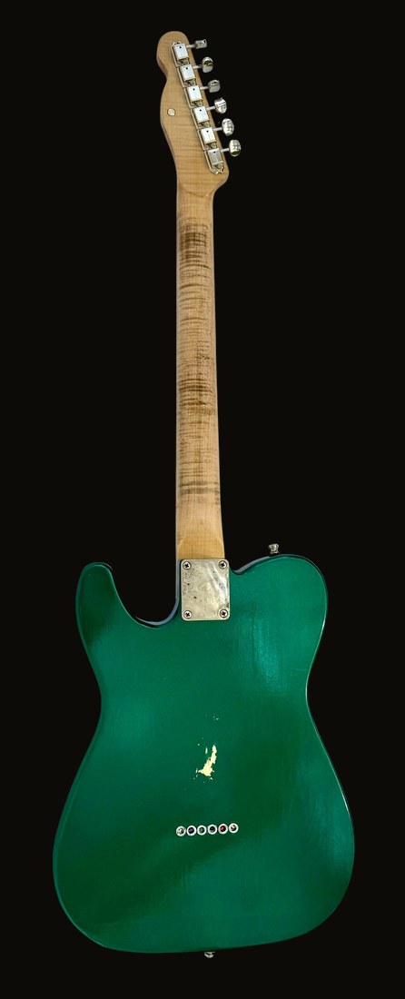 T-style in metallic green — back, flamed maple neck, vintage neck plate, string-through ferrules
