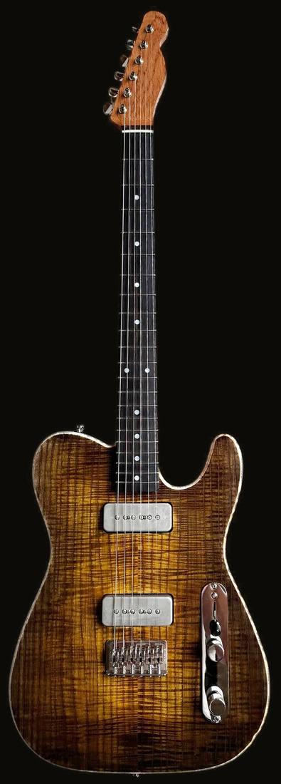 T-style with flame maple top over mahogany, two P90s — front